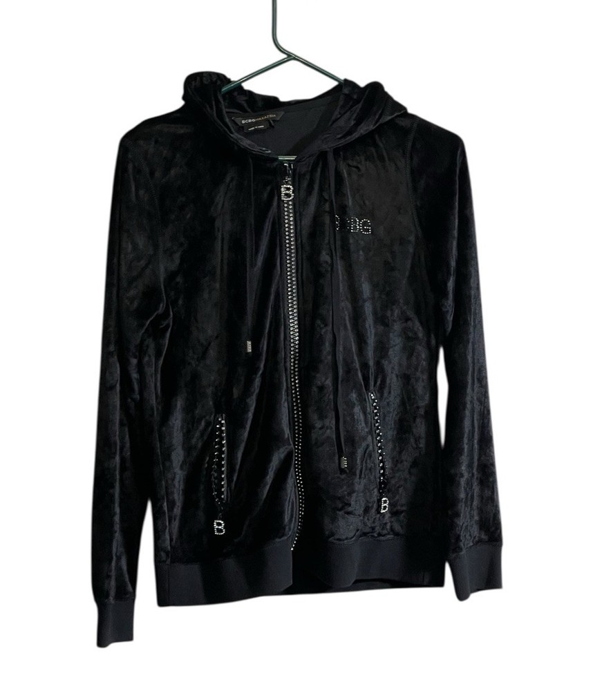 Y2K BCBG MAXAZRIA zip up hoodie velour rhinestone glam logo track 2000s Med