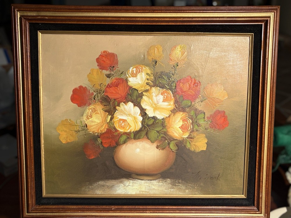 Vintage 1970s Floral Oil Painting Roses Still Life Framed Wood Wall Art