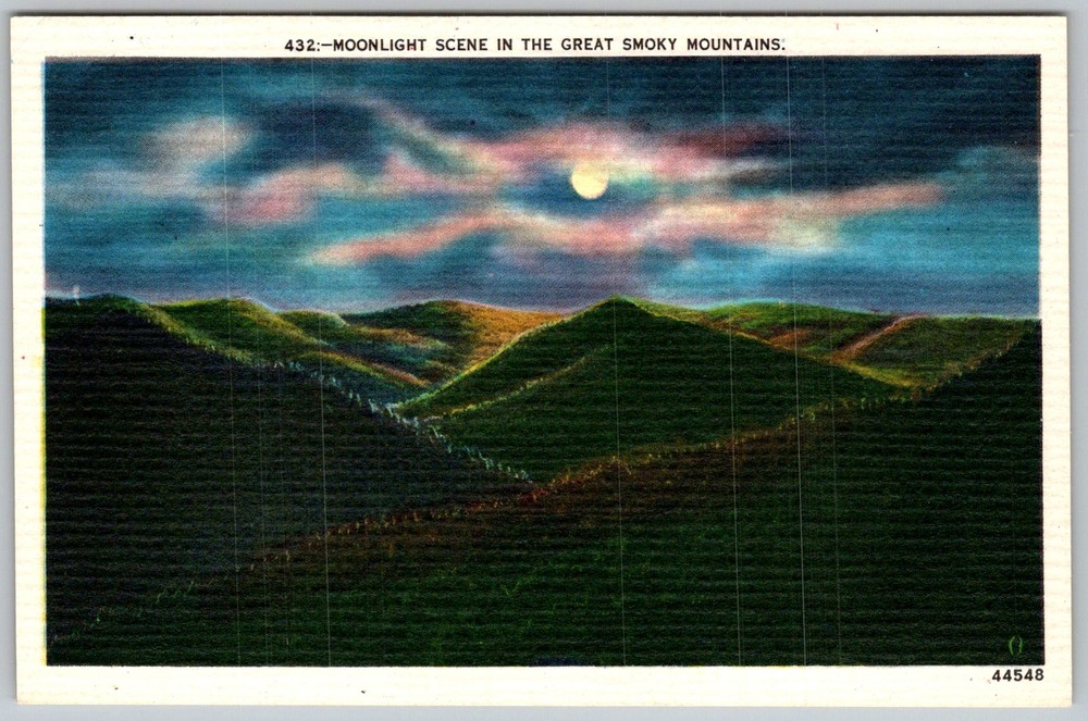 Vtg Linen Postcard Moonlight Mountain Scene Asheville, NC 1930s