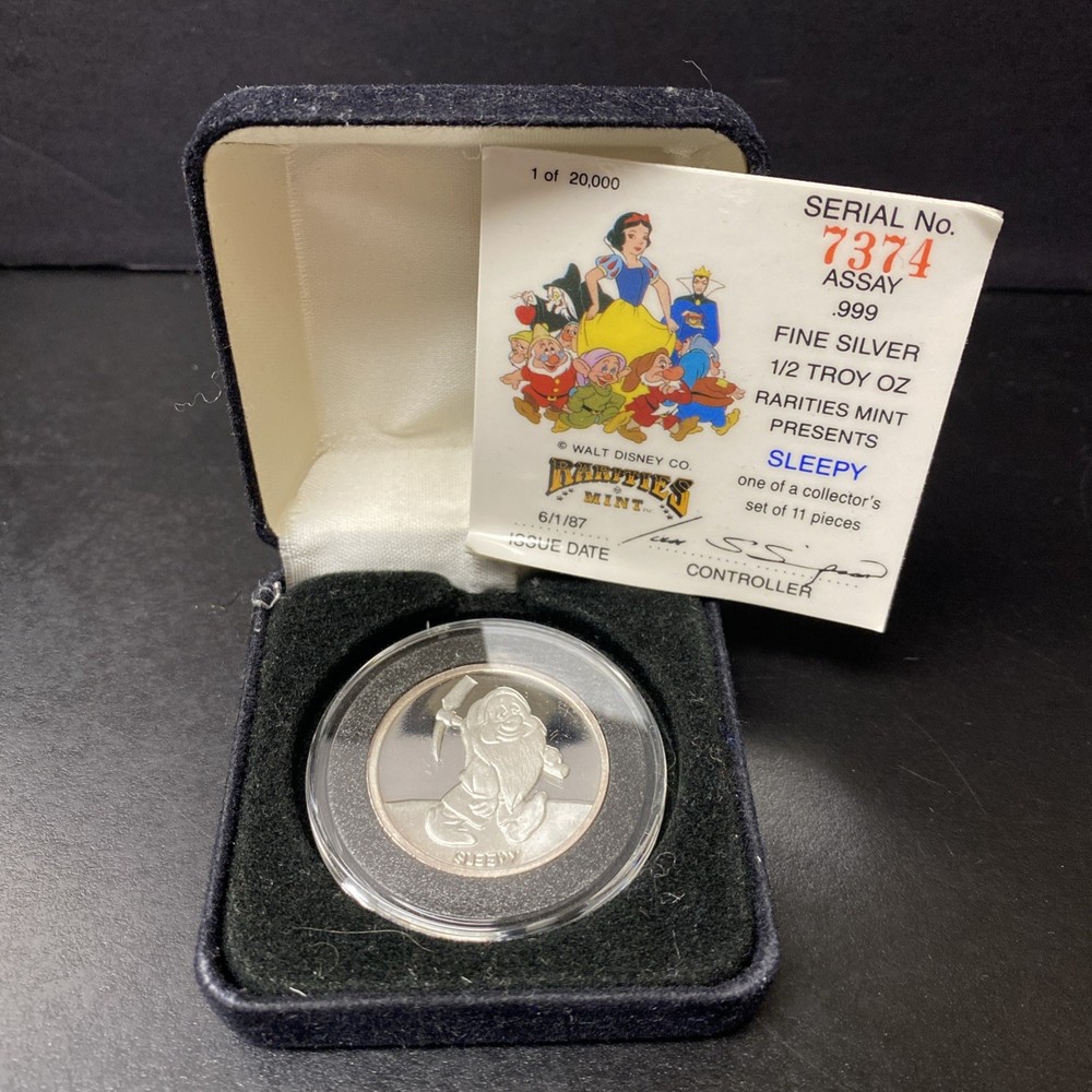 1987 Rarities Mint 1/2 oz Silver Disney Snow White Sleepy w/ Box & COA #7374