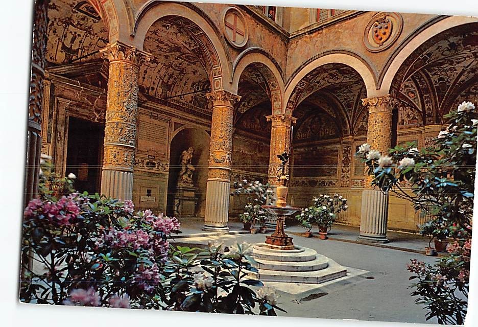 Postcard Flowers feast Courtyard of Palazzo Vecchio Florence Italy