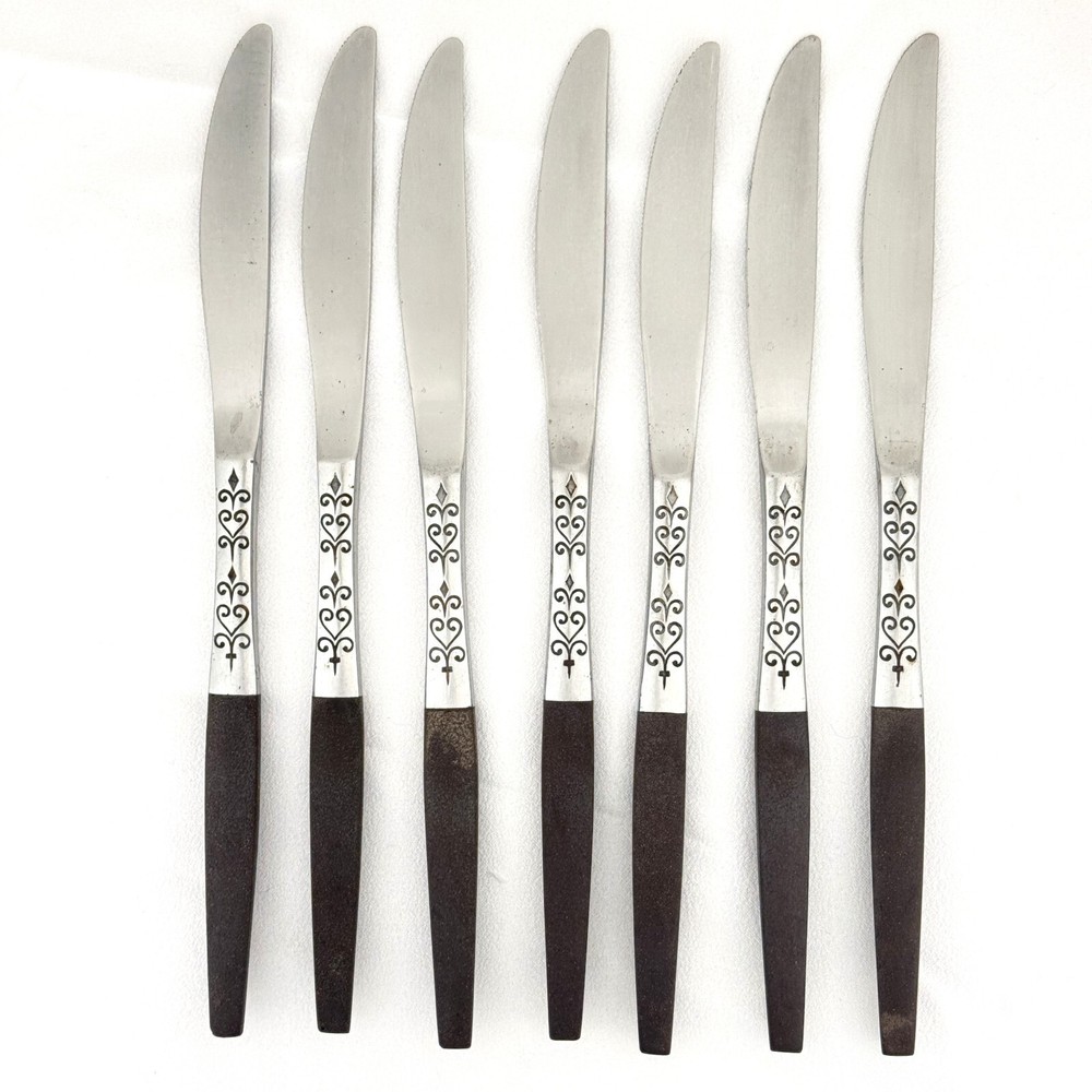 Lot of 7 Interpur INR2 Dinner Knives SS + Brown Synthetic Handles w Cracks- READ