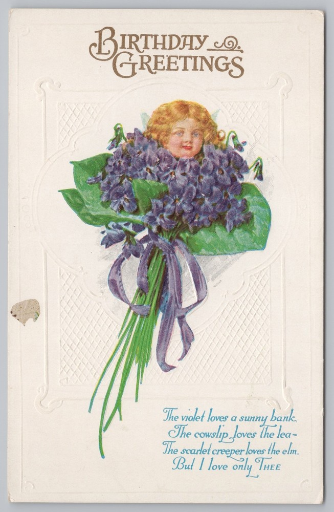 Greetings~Girls Head In Purple Violets Birthday Greeting~Vintage Postcard