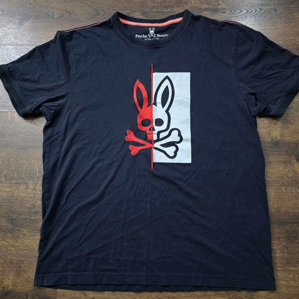 Psycho Bunny Shirt Mens XL Black Split Skull Bunny Logo Graphic Tee Pima Cotton