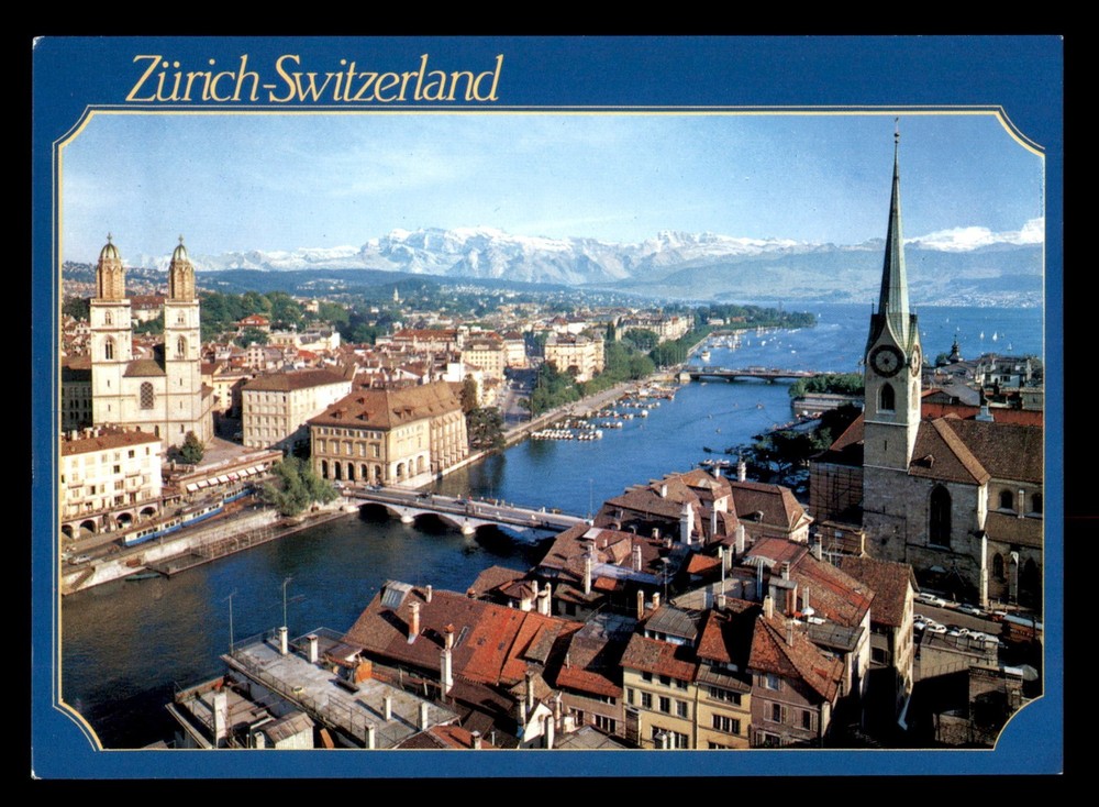 VTG Postcard Zurich with the Limmat River, Lake Zurich, and the Alps