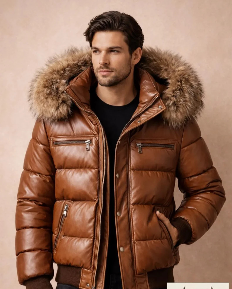 Men’s Brown Leather Puffer Jacket with Fur Hood | Quilted Winter Leather Coat