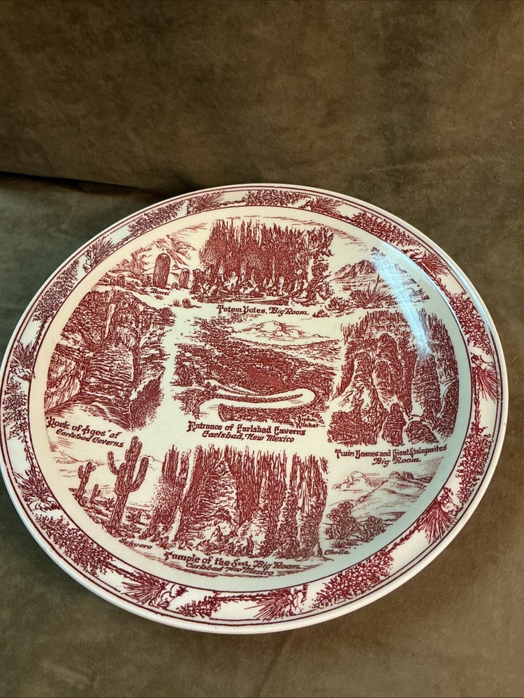 Vintage Vernon Kilns pottery Carlsbad cavern souvenir plate maroon and white