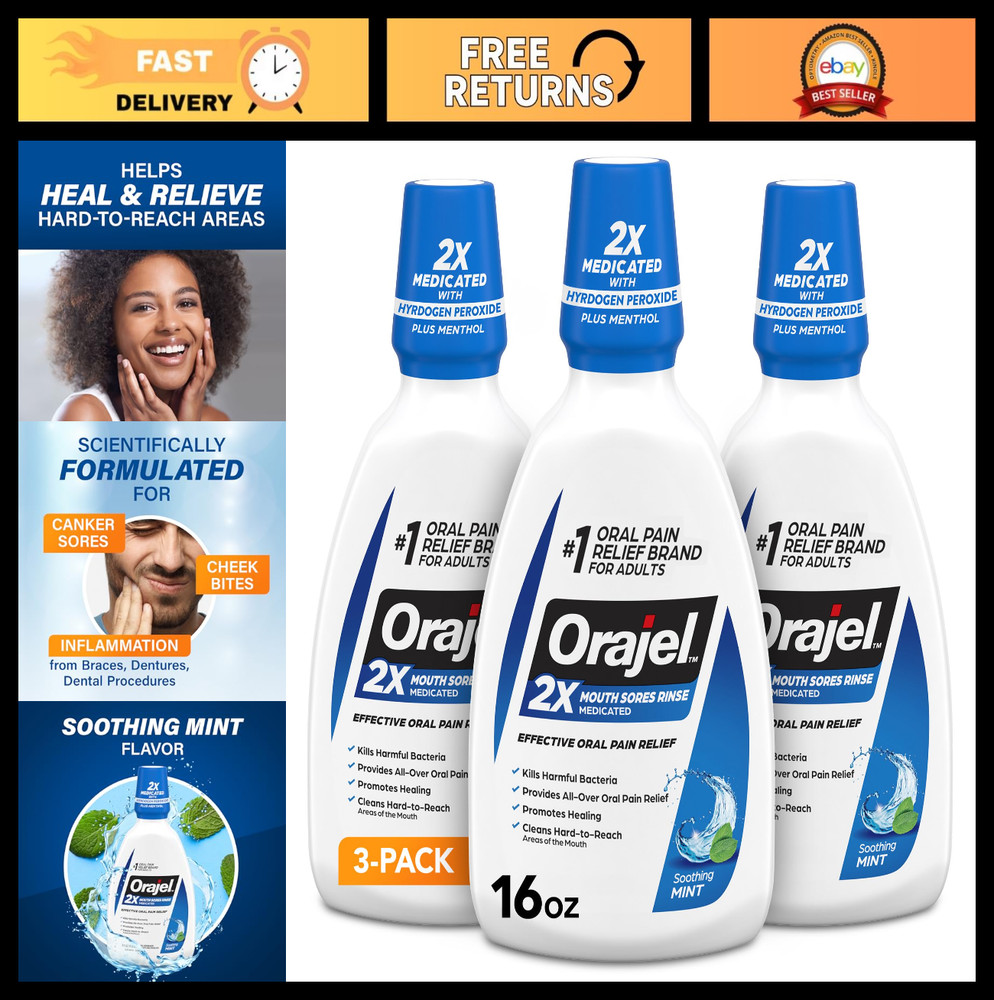 Orajel Nonseptic Mouth Sore Rinse 16oz, Soothing Mint Flavor, Provides Pain Reli