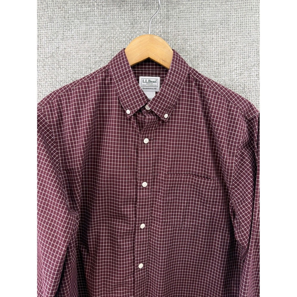 LL Bean Mens Med Cotton Traditional Fit Burgundy Check Button Down Shirt