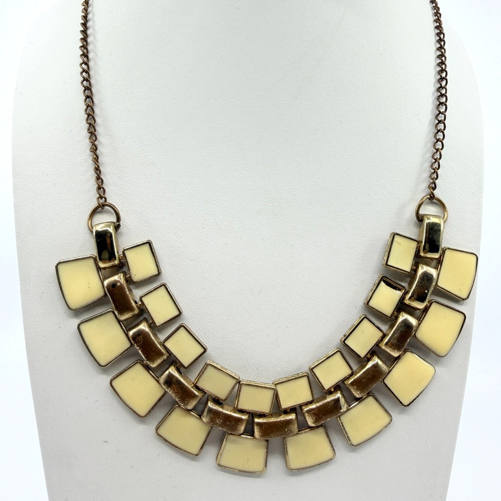 Vintage Y2K Cream Enamel Geometric Bib Necklace Gold Tone Chunky Statement