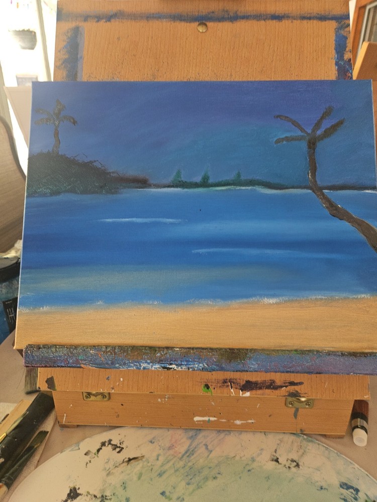 Hand-Painted Small Beach Seascape Palm Tree Impressionist Painting, Unframed