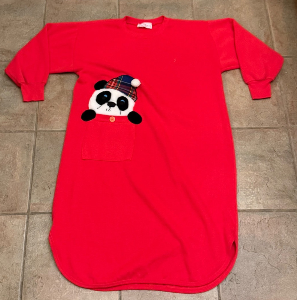 Vintage 80s Kittens Panda Pocket Sweatshirt Dress Adult Red Made USA Sleep Shirt