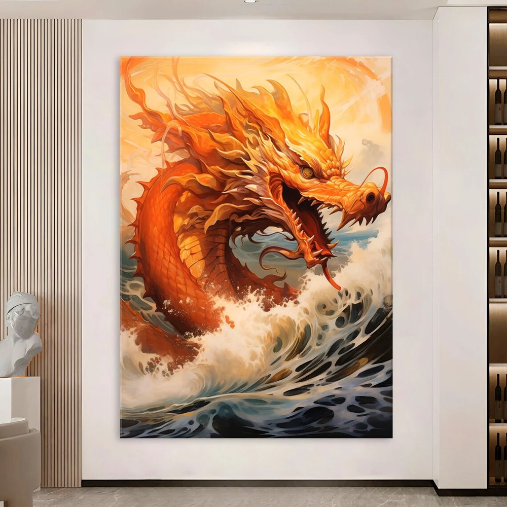 Golden Dragon in Ocean Modern Chinese Paint Wall Art Canvas Unframed Print Art