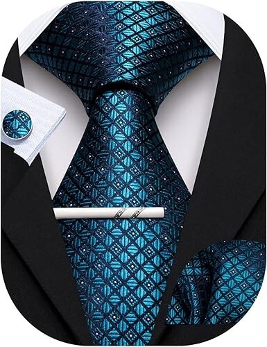 Dark Teal Plaid Silk Tie Set for Men with Tie Clip Pocket Square and Cufflinks