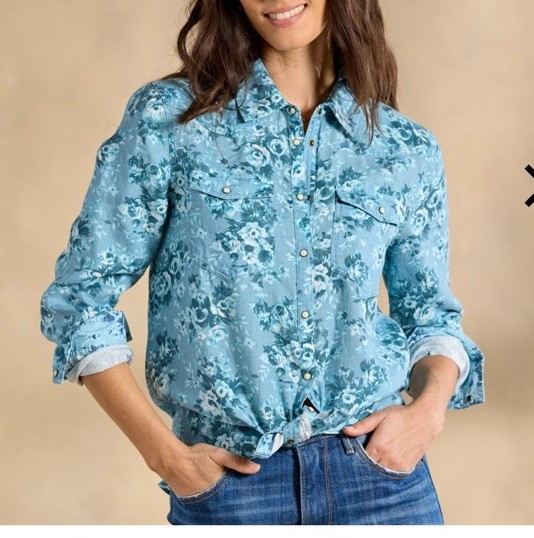 NEW Sundance Women Willow Linen Floral Snap Long Sleeve Shirt Blue Floral PM Top