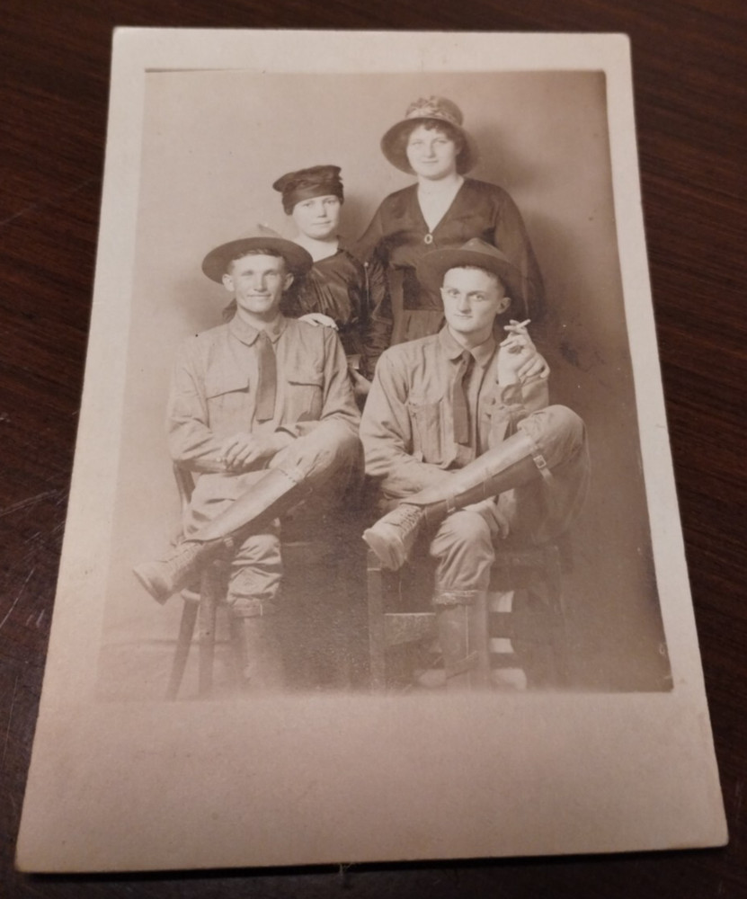 Antique RPPC Postcard WW1 era Army Soldiers Posing with Wives Smoking Military