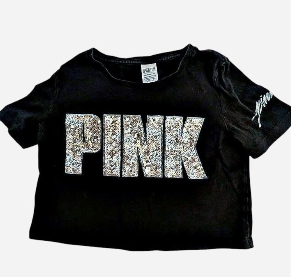 Victoria’s Secret PINK silver sequined black crop top Size XS Y2K