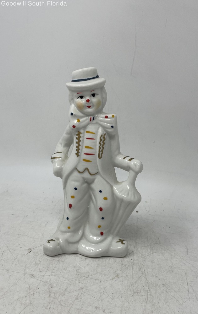 Vintage Porcelain Ceramic Hand Painted Holding An Umbrella Clown Statue Figurine