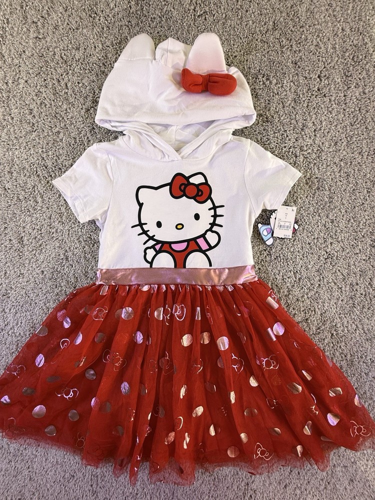 Girls' Hello Kitty Hooded Cosplay Short Sleeve Tutu Dress - Red/White -Medium 8