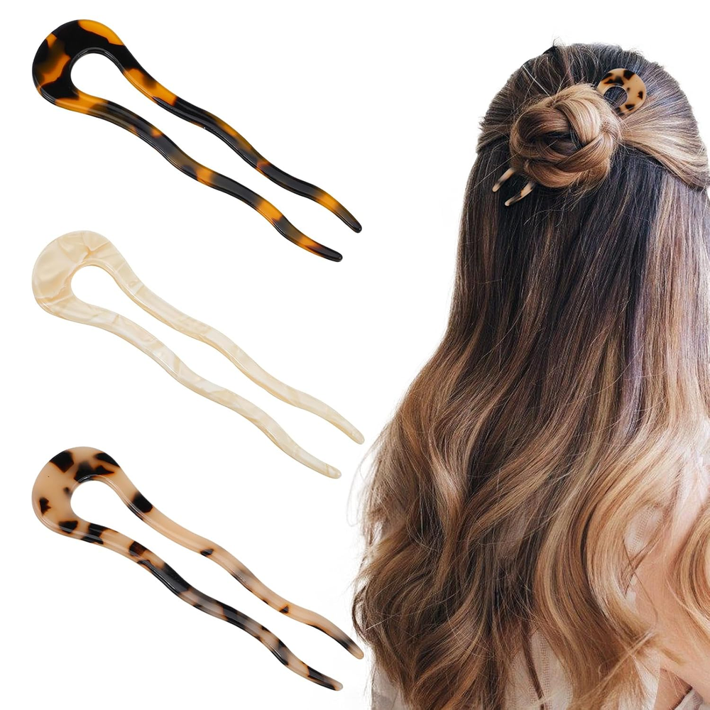 3 U-Shaped Tortoise Shell French Hair Pins for Buns and Twists