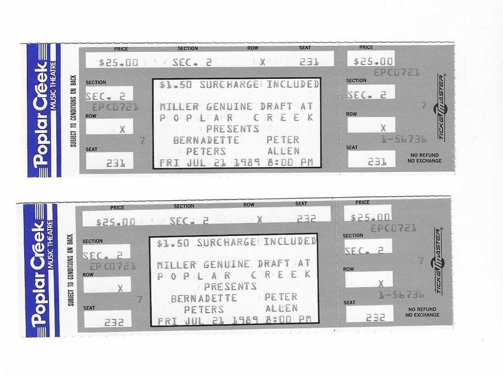 Bernadette Peters & Peter Allen Unused Concert Tickets From July 21, 1989