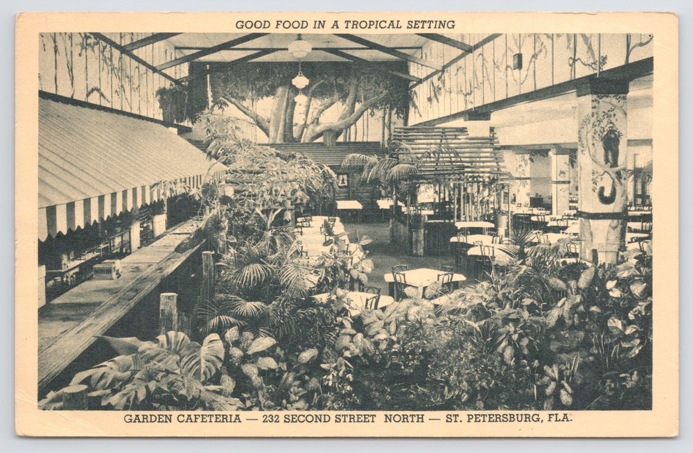 Linen~Interior Garden Cafeteria St Petersburg Florida B&W~Vintage Postcard