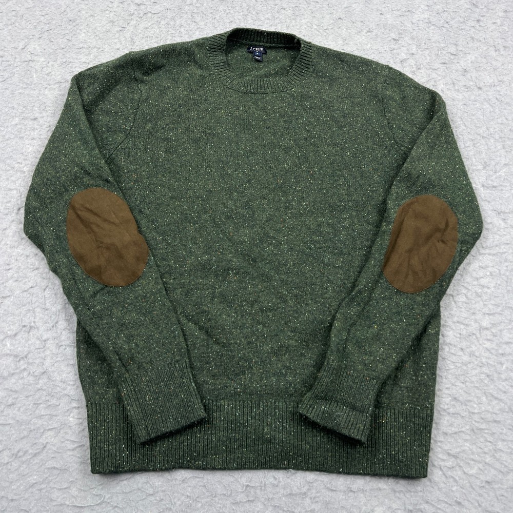 J. Crew Sweater Men's Medium Green Speckled Lambswool Leather Elbow Patches Crew