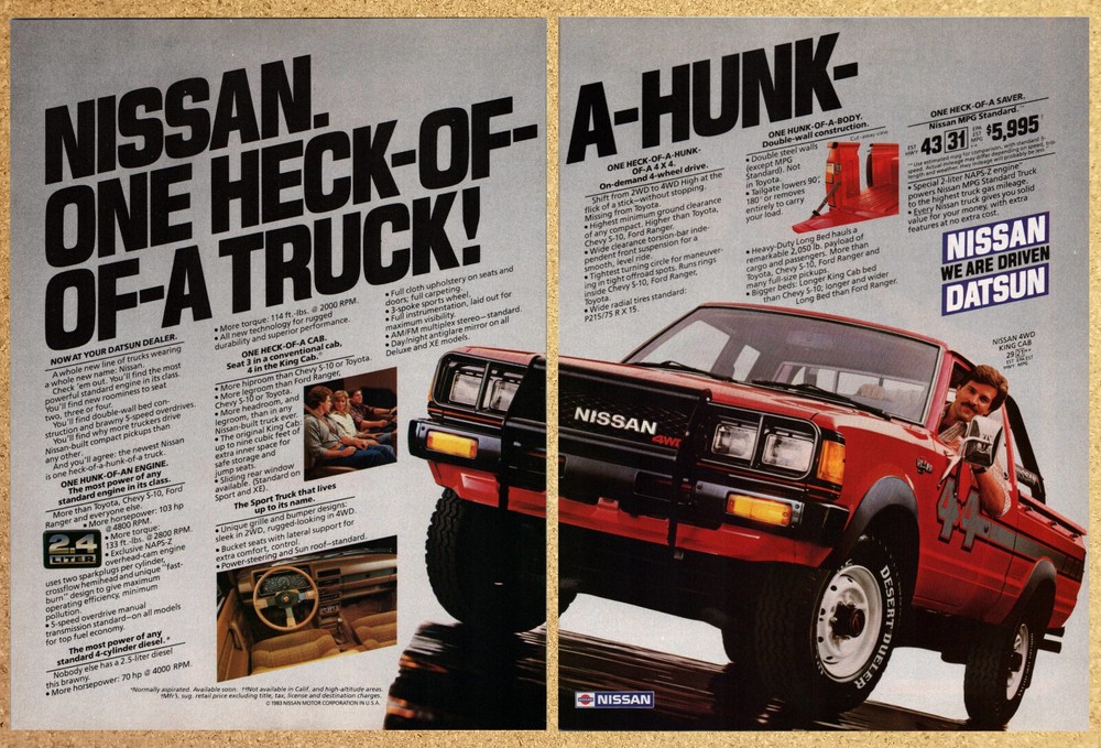 Nissan Datsun 4WD King Cab 4x4 Pick Up Truck -2 Page Vtg Print Ads Ephemera 1983