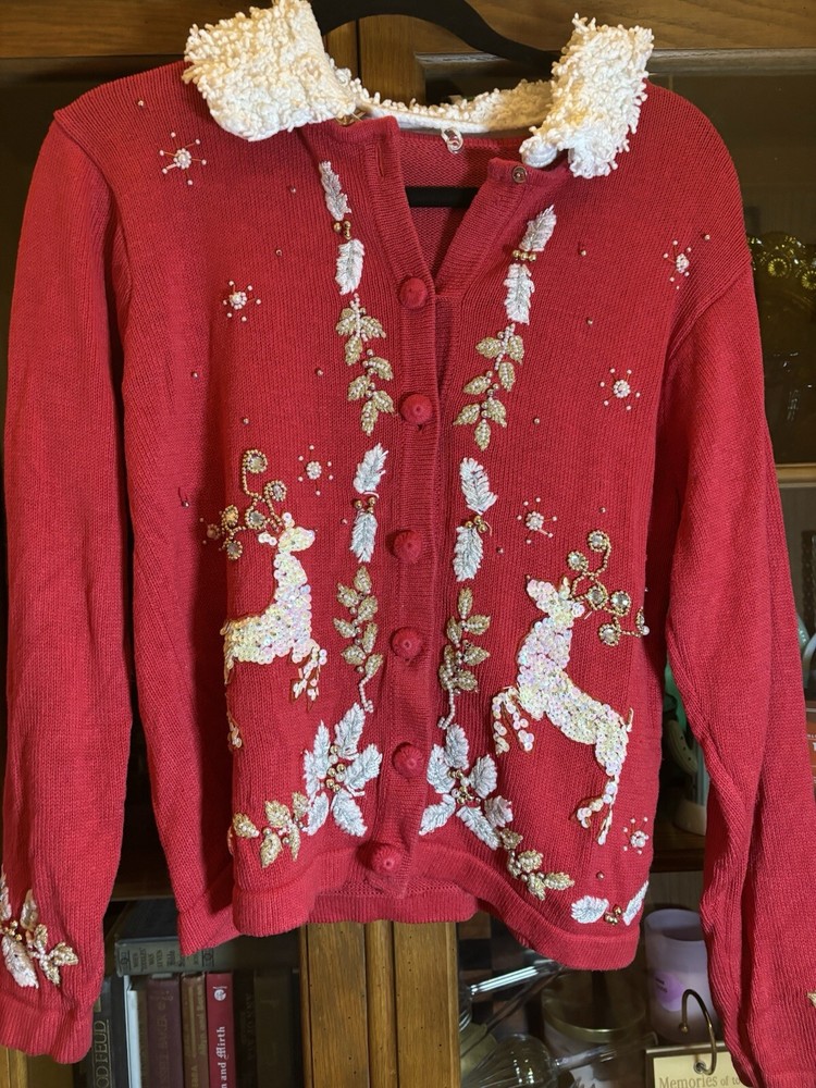 Vintage Victoria Jones Womens Christmas Sweater Red Beaded Sequin Reindeer