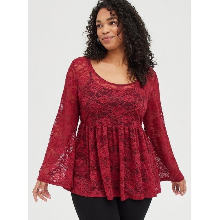 Torrid Burgundy Lace Babydoll Top Long Bell Sleeve Empire Waist Size 1X