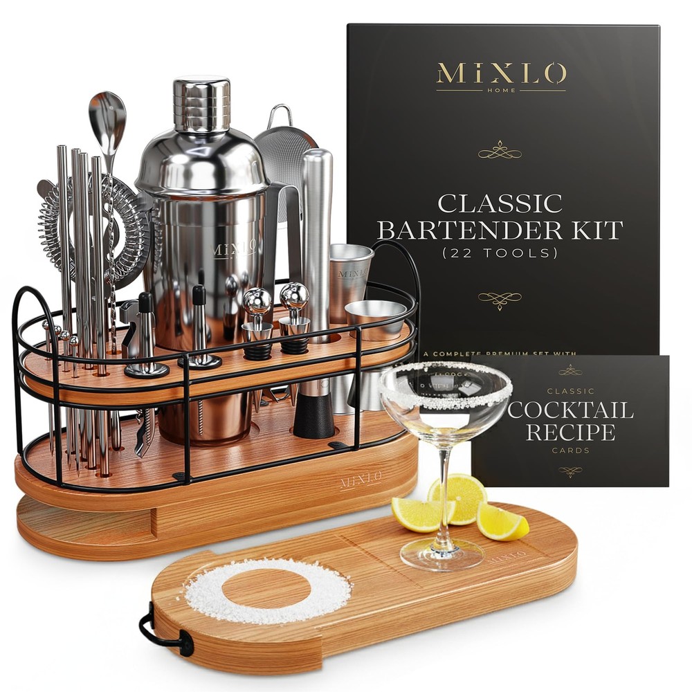 Mixology Bartender Kit - 22Pcs Bar Set Cocktail Shaker Set w Brown Bar Cart A...
