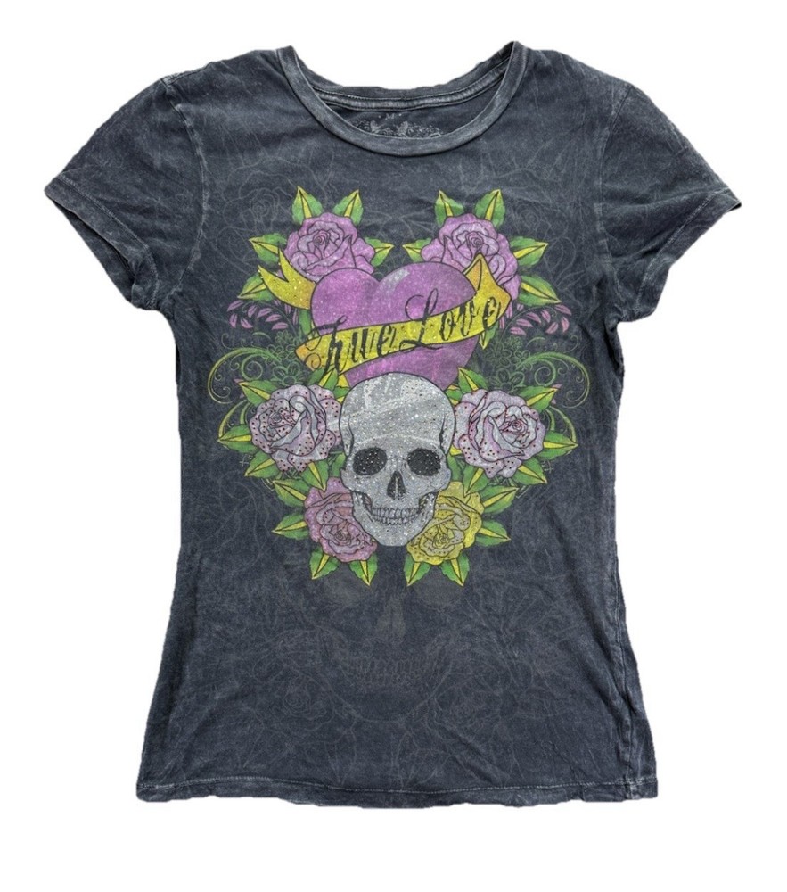 Vintage Vegas Royalty Ed Hardy Style T Shirt Women's Medium Black Y2K Rhinestone