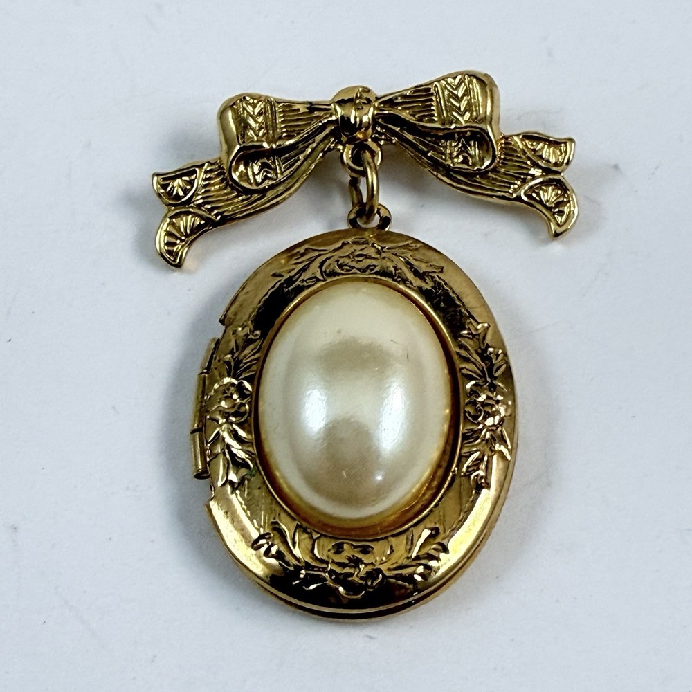 Vintage Faux Pearl Gold Tone Locket with Bow Dangle Brooch