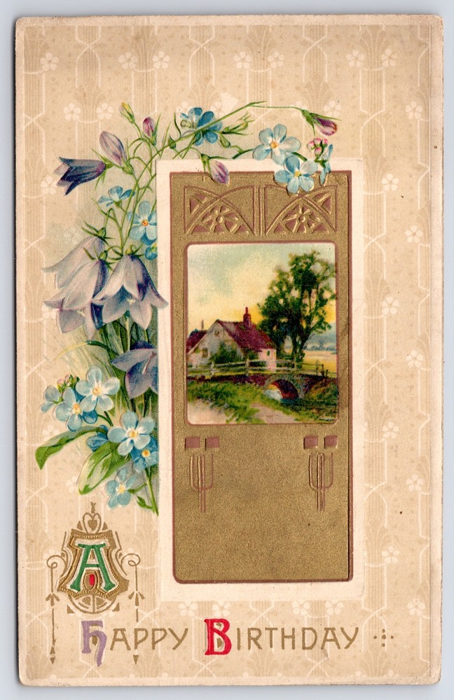 Greetings~Happy Birthday~Country Home Inset~Violets~Winsch Vintage Postcard