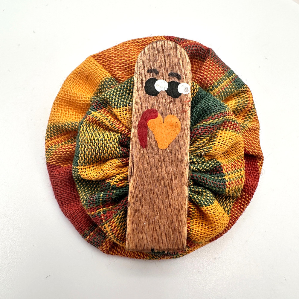 Vintage 90s Handmade Turkey Brooch Fabric Plaid Wood Thanksgiving Fall Pin
