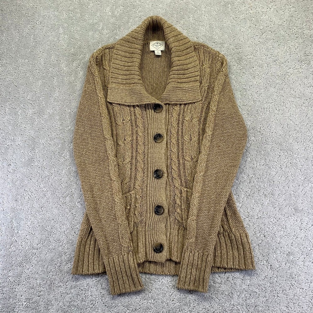 St Johns Bay Womens Cardigan Sweater Medium Beige Brown Button Front cable Knit