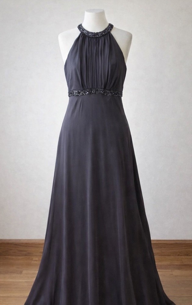 Jones New York Silk Halter Gown 10 Brown Beaded Formal Evening Dress Pleated