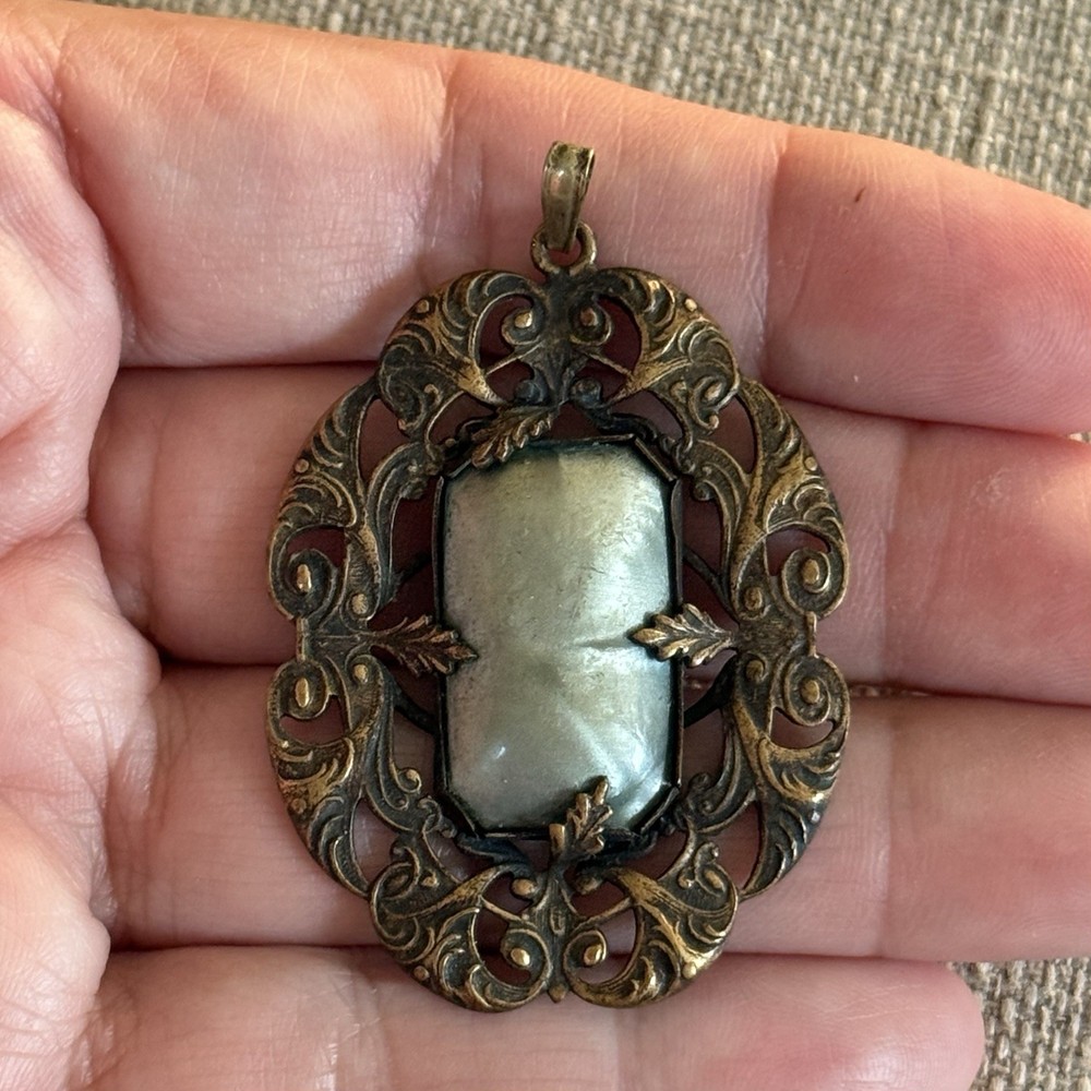 Vintage Filagree Brass Pendant With Mother Of Pearl Stone