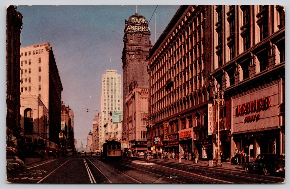 San Francisco California CA Market Street Burts Bank of America c1950s Postcard