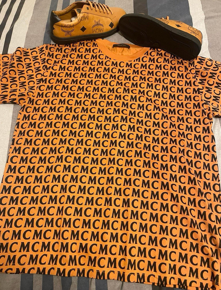 MCM Orange Black Logo Print Men's Crew Neck Short Sleeve T-Shirt