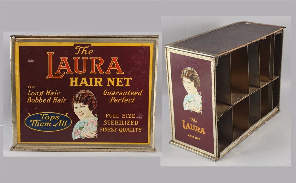 Antique 1920s LAURA Hair Net Tin Litho Advertising Sign Country Store Display NR