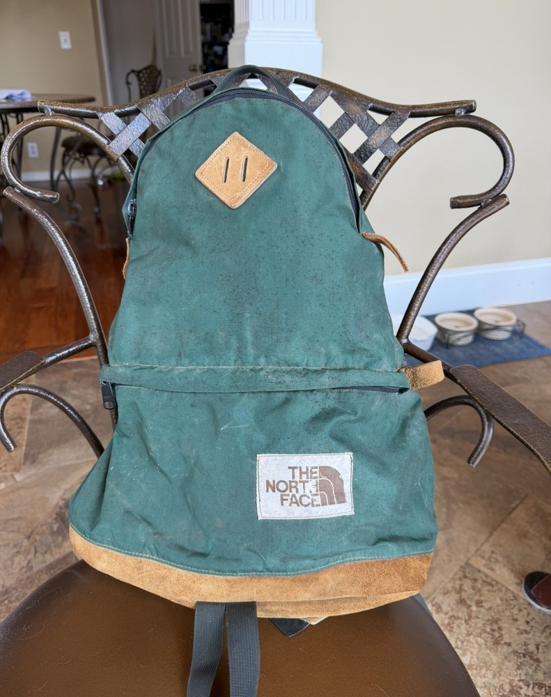 Vintage 70s The North Face Teardrop Tea Tag Brown Label Backpack Green Leather