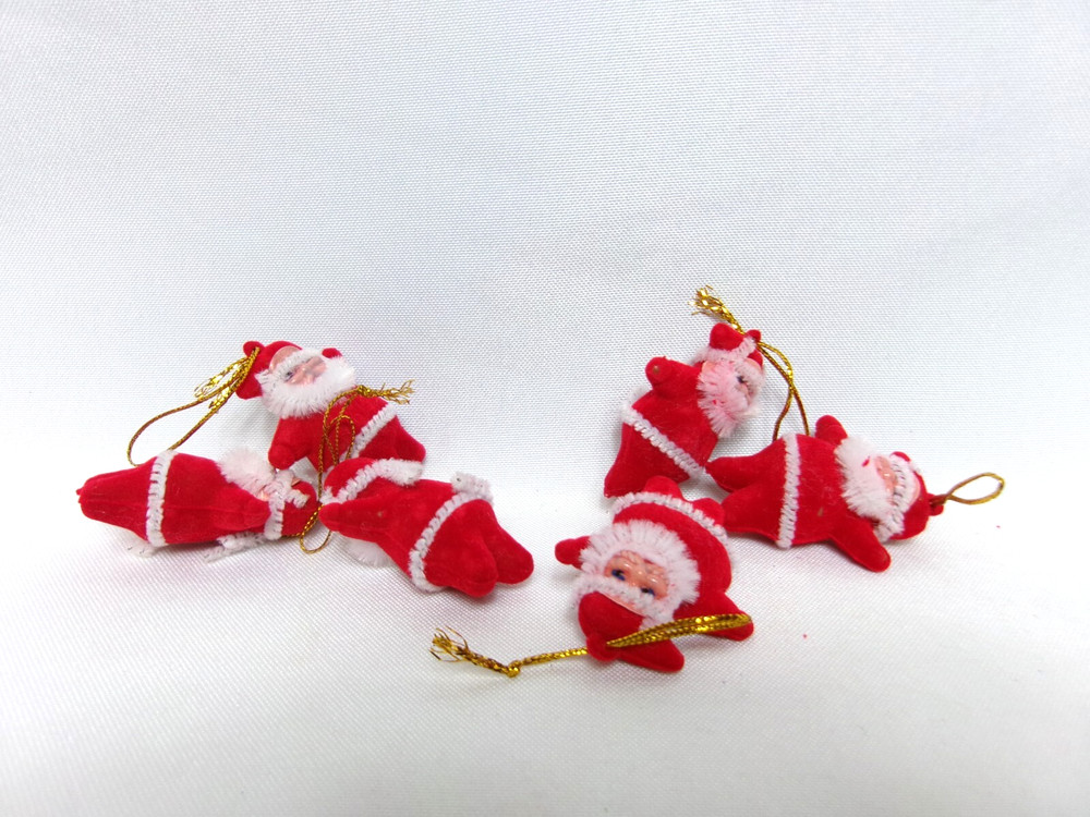 Set/6- NEW Red Flocked Miniature Vintage-Style Santa Christmas Ornament Figures