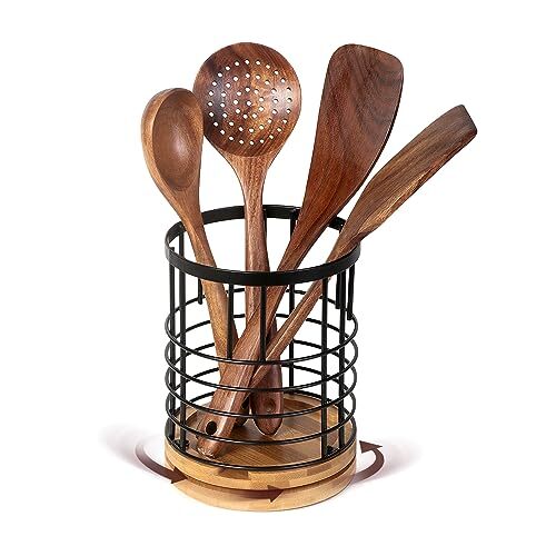 Utensil Holder for Kitchen Round Utensils Holder with Wooden Base Matte Black