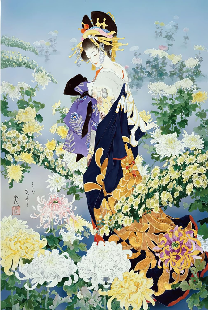 Chrysanthemum Kimono Beauty Paintings by Haruyo Morita- Wooden Jigsaw Puzzle 100