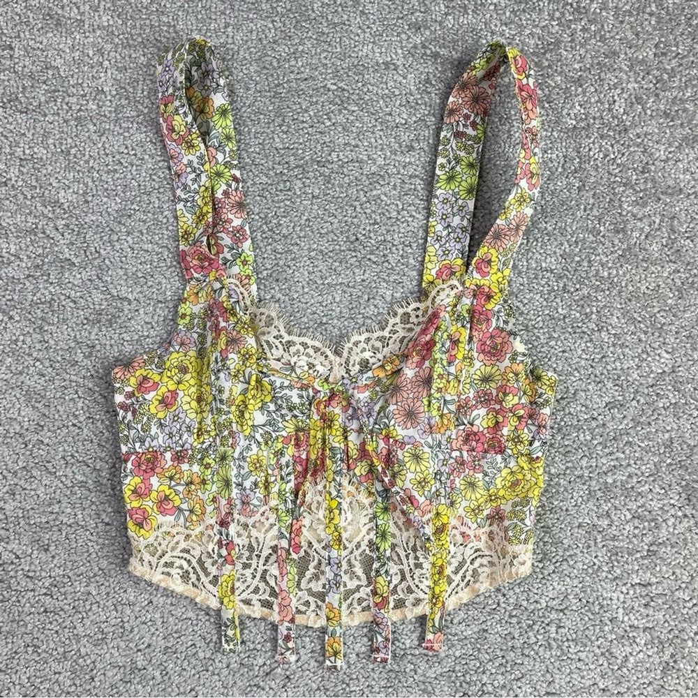 For Love & Lemons Floral Lace Corset Crop Top Bustier XS Smocked Zip Back