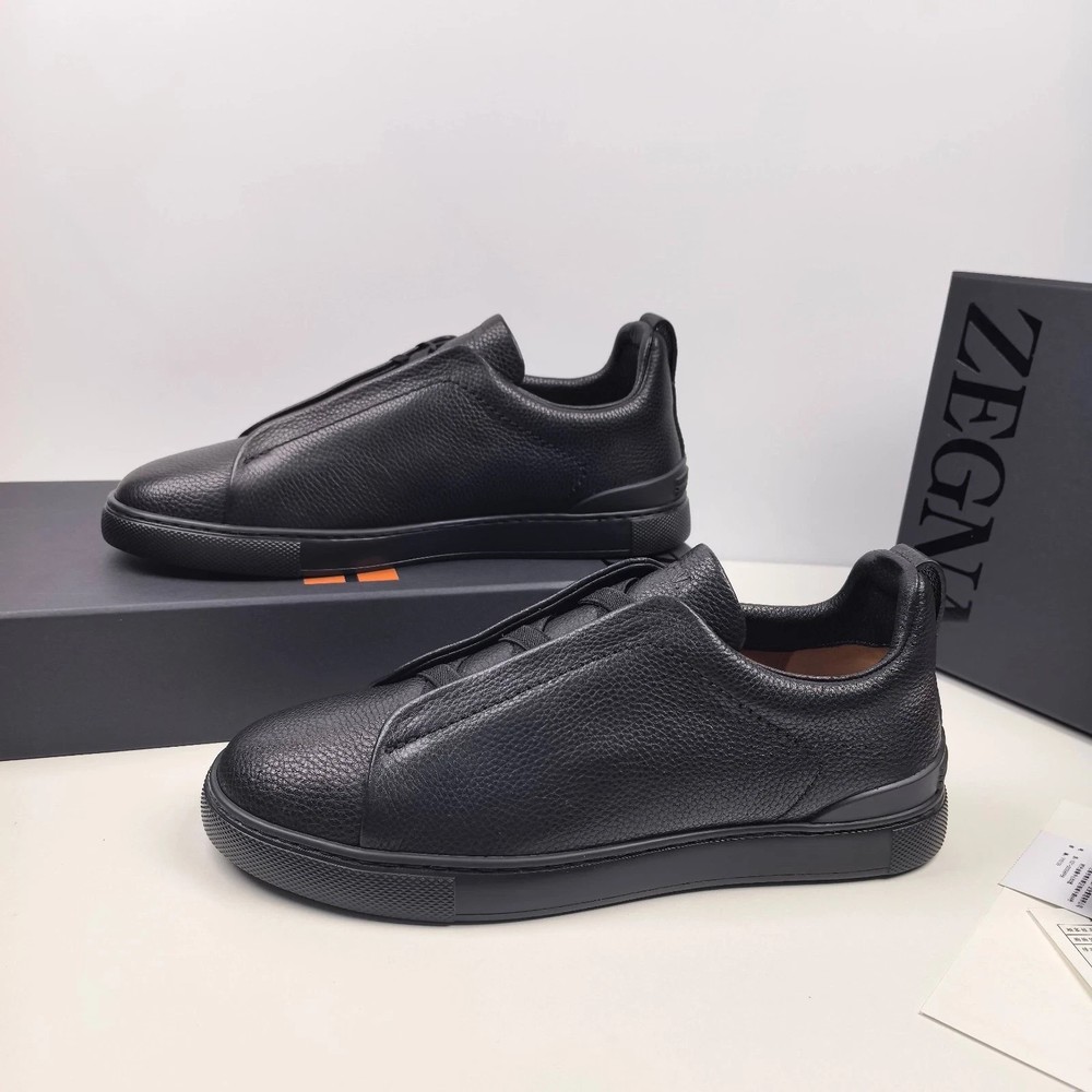 Zegna Mens Triple Stitch Low Top Deerskin Leather Sneakers Black Size 39-45