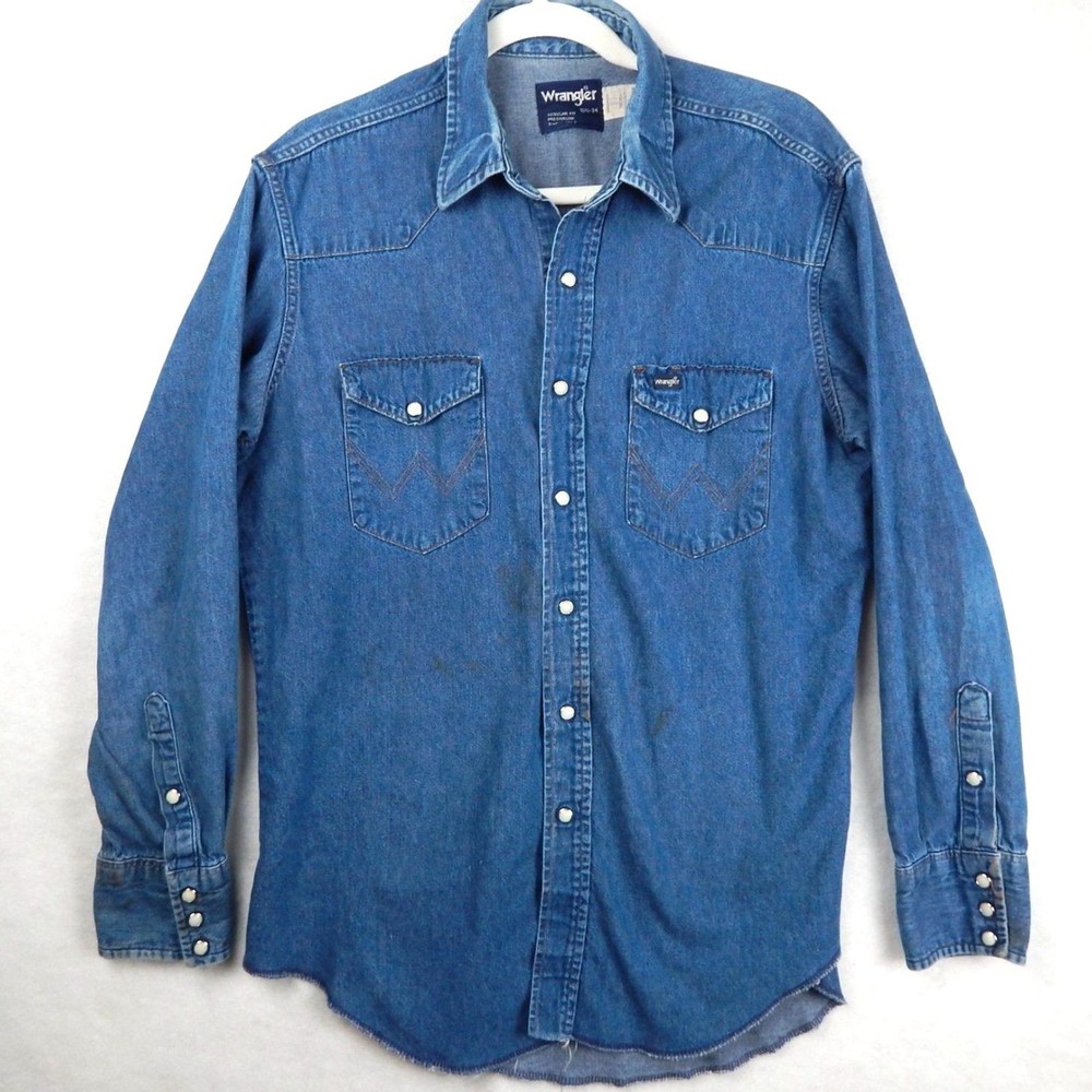 Vintage Wrangler Denim Pearl Snap Western Shirt Blue Size XL Farmcore Cowboy