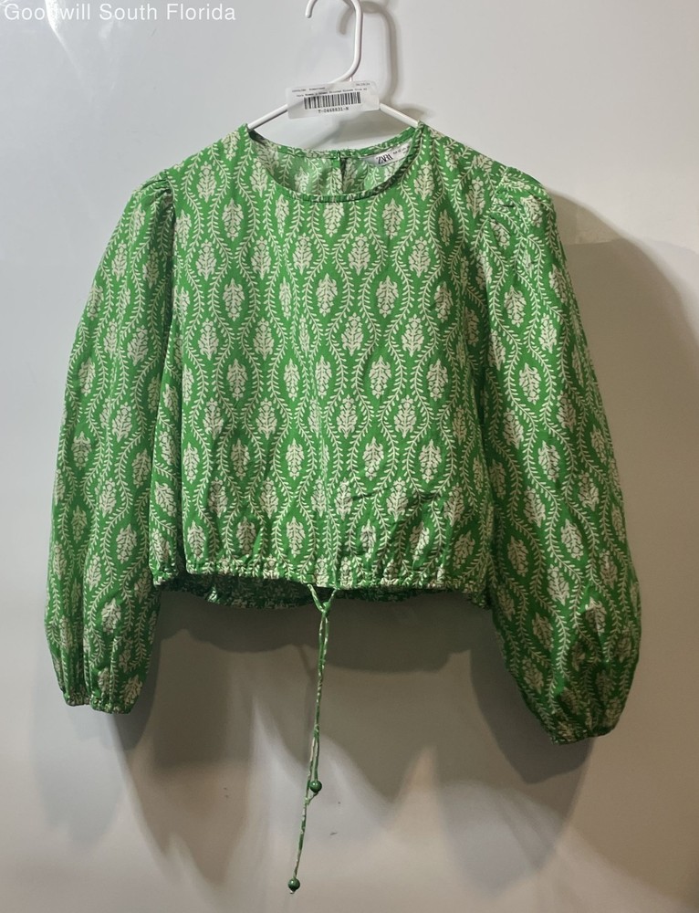 Zara Womens Green Printed Balloon Sleeve Back Button Cropped Blouse Top Size XS