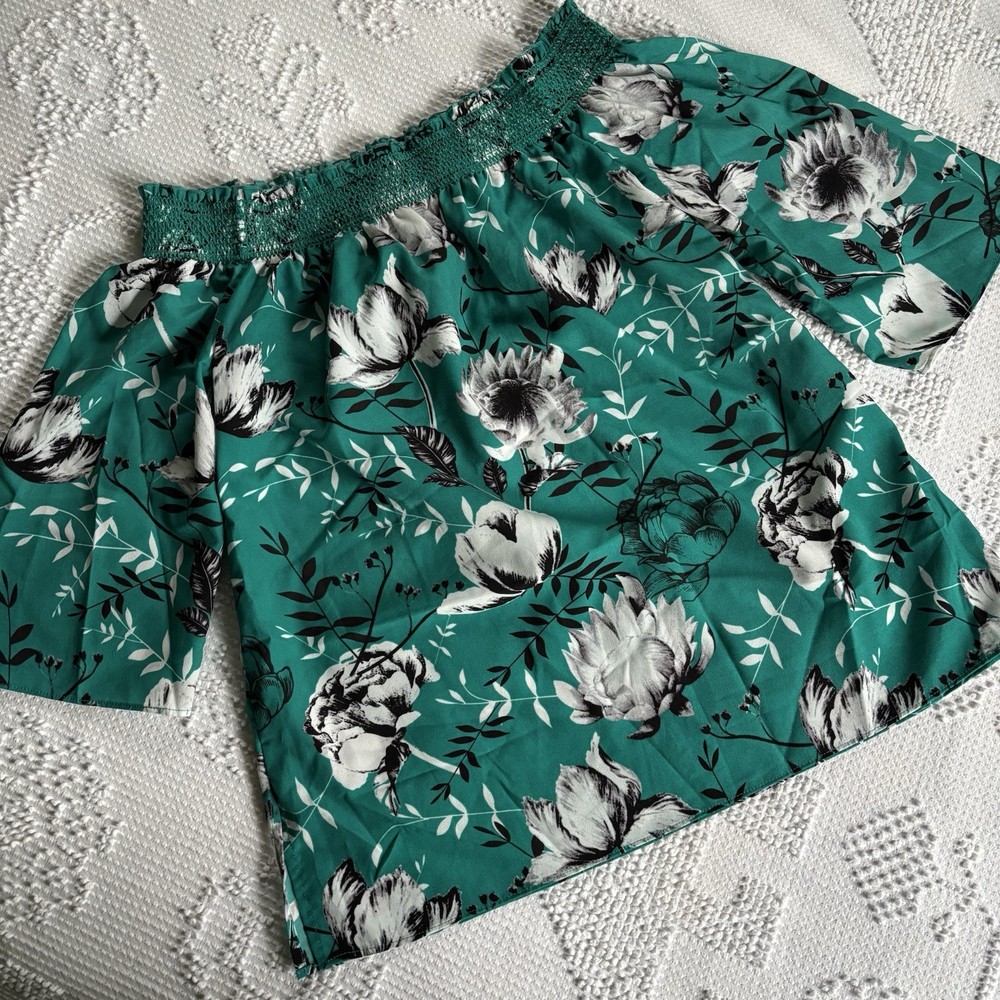 Jasmine & Juliana womens size S teal floral off the shoulder short sleeve blouse